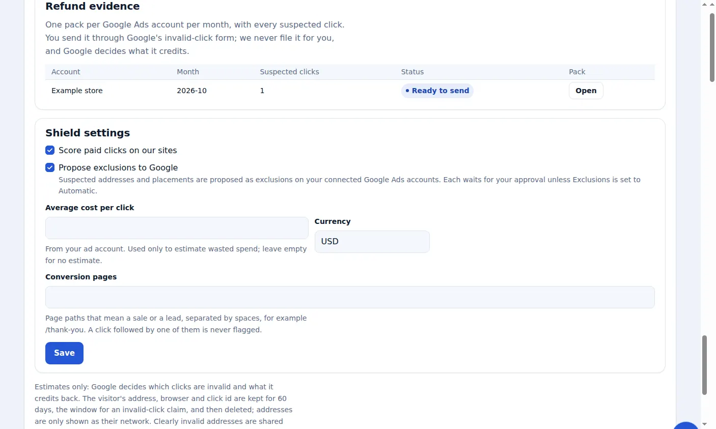 Refund evidence packs and shield settings in Zinn® Ads