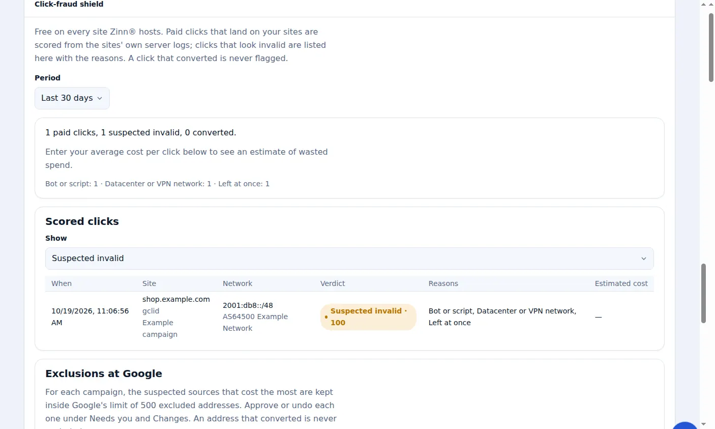 The click-fraud shield in Zinn® Ads, listing a suspected invalid click and its reasons